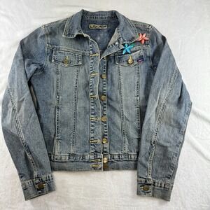 Yuka Jeans Denim Jacket Womens Large Blue Floral Beaded Y2K Boho‎ Whimsical